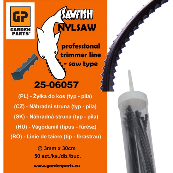 Žací struna průměr 3,0 mm délka 30 cm balení 50 ks. profil sawfish nylsaw pro křovinořezy a vyžínače